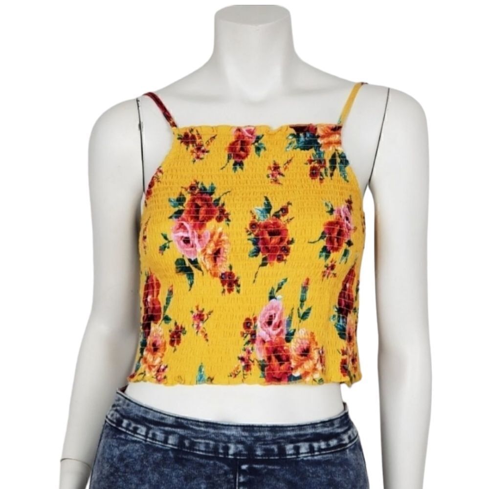 Ambiance Women's‎ Tank Top  Yellow Floral Print Spaghetti Strap Halter Neck